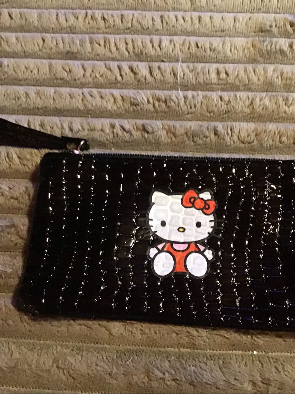 Sanrio Hello Kitty Black Patent Wristlet with Red Bow and Outfit